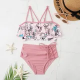 Mom and Me Flowers Off The Shoulders Drawstring High Waist Halter Bikinis Set