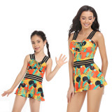 Matching Family Swimsuit Palm Leaves Prints Hight Waist Mom and Me Swimwear