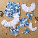 Matching Family Swimsuit Blue Palm Leaves Prints Swim Trunks and White Ruffles Pompoms High Waist Bikini Set Swimwear