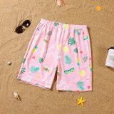Matching Family Swimsuit Pink Palm Leaves Prints Swim Trunks Shorts and Ruffle Padded Monokini Swimwear