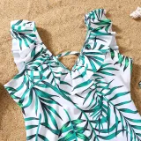 Matching Family Swimsuit Palm Leaves Swim Trunks and V-Neck Ruffles Bikini Set Swimwear