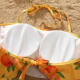 Matching Family Swimsuit Orange Fruits Prints Swim Trunks and Hanging Neck Two Pieces Swimwear