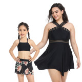 Matching Family Swimsuit Mom and Me Flower Prints Crossing Halter Plus Size Bikini Swimwear