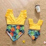Matching Family Suit Palm Tree Leaves Swim Trunks and Two Pieces Ruffle Swimwear