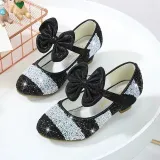 Girls Rainbow Princess Sequins Glitter Bowknot Stubby Heel Dress Shoes