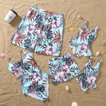 Matching Family Swimsuit Palm Leaves Prints Swim Trunks and Backless Crossing Bikini Set Swimwear