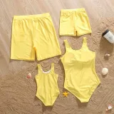 Matching Family Swimsuit Tropical Vibes Trunks and Bikini One Piece Yellow Swimwear