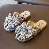 Kids Girl Floral Cloth Pearl Bowknot Soft Rubber Flats Summer Slipper Shoes
