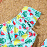 Matching Family Swimsuit Banana Fruits Prints Swim Trunks and One off Shoulder Ruffle Bikini Set Swimwear