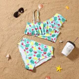 Matching Family Swimsuit Banana Fruits Prints Swim Trunks and One off Shoulder Ruffle Bikini Set Swimwear