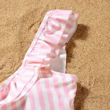 Matching Family Swimsuit Pink Strips Swim Trunk Shorts and Ruffle Padded Monokini Bikini Set Swimwear