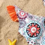 Matching Family Swimsuit Round Flower Prints Swim Trunks and Backless V-Neck Bikini Set Swimwear