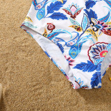 Matching Family Swimsuit Flower Prints Swim Trunks and Deep V One Piece Bikini Swimwear