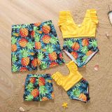 Matching Family Suit Palm Tree Leaves Swim Trunks and Two Pieces Ruffle Swimwear