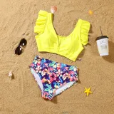 Matching Family Swimsuit Blue Flower Prints Swim Trunk Shorts and Ruffle Tankini Bikini Set Swimwear