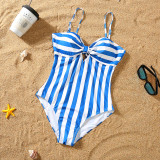 Matching Family Swimsuit Blue Stripes Swim Trunks and Sling Stripes Ruffle Bikini Set Swimwear
