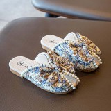 Kids Girl Floral Cloth Pearl Bowknot Soft Rubber Flats Summer Slipper Shoes