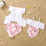 Matching Family Swimsuit Donuts Prints Swim Trunks and White Ruffles Pompoms High Waist Bikini Set Swimwear