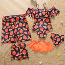 Matching Family Swimsuit Orange Fruits Prints Swim Trunks and Ruffles Bikibi Swimwear