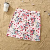 Matching Family Swimsuit Pink Flower Swim Trunks and Ruffle High Waist Bikini Set Swimwear