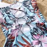 Matching Family Swimsuit Palm Leaves Prints Swim Trunks and Backless Crossing Bikini Set Swimwear