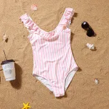 Matching Family Swimsuit Pink Strips Swim Trunk Shorts and Ruffle Padded Monokini Bikini Set Swimwear