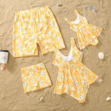 Matching Family Swimsuit Flower Prints Yellow Swim Trunks and Ruffle Hem Bikini Set Swimwear