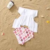 Matching Family Swimsuit Donuts Prints Swim Trunks and White Ruffles Pompoms High Waist Bikini Set Swimwear