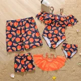Matching Family Swimsuit Orange Fruits Prints Swim Trunks and Ruffles Bikibi Swimwear