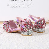 Girls Sequins Bows Princess Soft Soles Rough Heel Crystal Dress Shoes