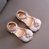 Girls Princess Glitter Sequins Pearl Bow Soft Flat Soled Dress Shoes
