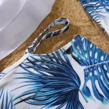 Matching Family Swimsuit Blue Palm Leaves Prints Swim Trunks and White Ruffles Pompoms High Waist Bikini Set Swimwear
