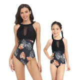 Matching Family Swimsuit Crossing Halter Mesh Palm Leaves Mom and Me Swimwear