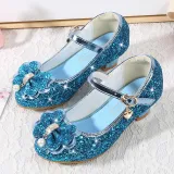 Girls Princess Glitter Sequins Bowknot Pearl Rough Heel Dress Shoes