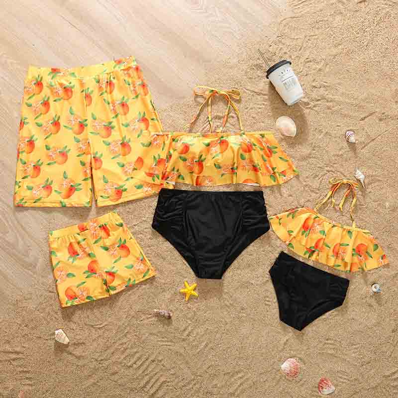 Matching Family Swimsuit Orange Fruits Prints Swim Trunks and Hanging Neck Two Pieces Swimwear