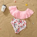 Matching Family Swimsuit Pink Flower Swim Trunks and Ruffle High Waist Bikini Set Swimwear