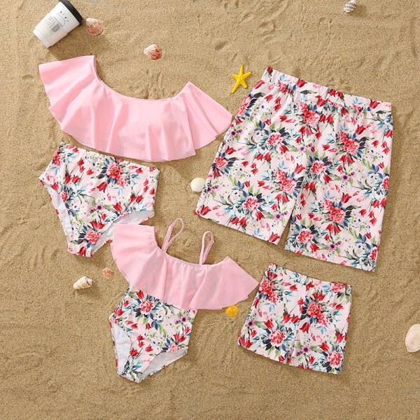 Matching Family Swimsuit Pink Flower Swim Trunks and Ruffle High Waist Bikini Set Swimwear