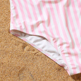 Matching Family Swimsuit Pink Strips Swim Trunk Shorts and Ruffle Padded Monokini Bikini Set Swimwear