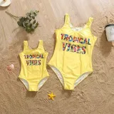 Matching Family Swimsuit Tropical Vibes Trunks and Bikini One Piece Yellow Swimwear