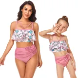 Mom and Me Flowers Off The Shoulders Drawstring High Waist Halter Bikinis Set