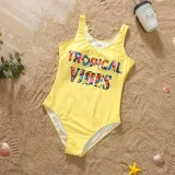 Matching Family Swimsuit Tropical Vibes Trunks and Bikini One Piece Yellow Swimwear