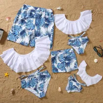 Matching Family Swimsuit Blue Palm Leaves Prints Swim Trunks and White Ruffles Pompoms High Waist Bikini Set Swimwear