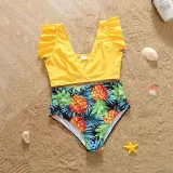 Matching Family Suit Palm Tree Leaves Swim Trunks and Two Pieces Ruffle Swimwear