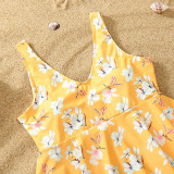 Matching Family Swimsuit Flower Prints Yellow Swim Trunks and Ruffle Hem Bikini Set Swimwear