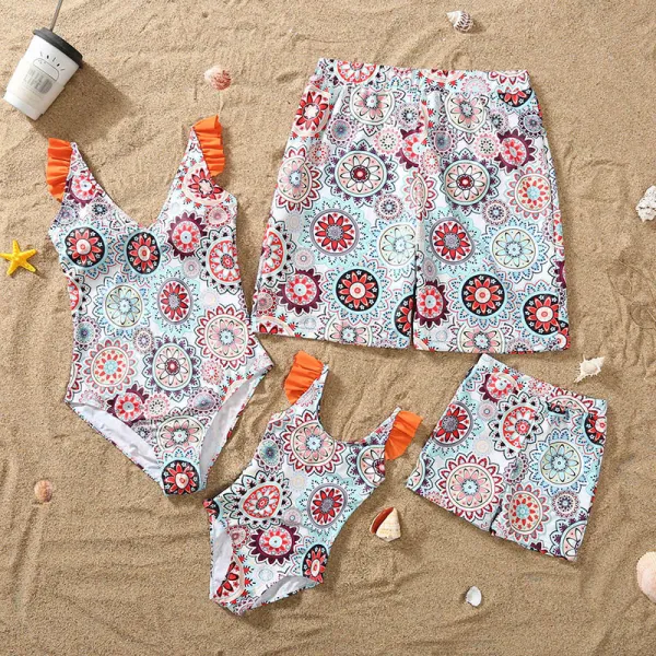 Matching Family Swimsuit Round Flower Prints Swim Trunks and Backless V-Neck Bikini Set Swimwear