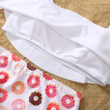 Matching Family Swimsuit Donuts Prints Swim Trunks and White Ruffles Pompoms High Waist Bikini Set Swimwear