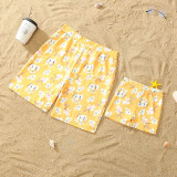 Matching Family Swimsuit Flower Prints Yellow Swim Trunks and Ruffle Hem Bikini Set Swimwear