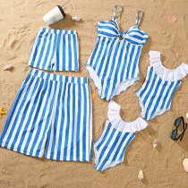 Matching Family Swimsuit Blue Stripes Swim Trunks and Sling Stripes Ruffle Bikini Set Swimwear