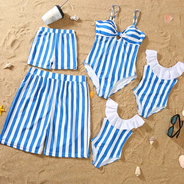 Matching Family Swimsuit Blue Stripes Swim Trunks and Sling Stripes Ruffle Bikini Set Swimwear