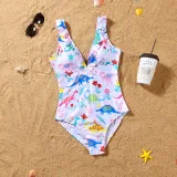 Matching Family Swimsuit Dinosaurs Prints Swim Trunk Shorts and V-Neck Padded Monokini Bikini Set Swimwear